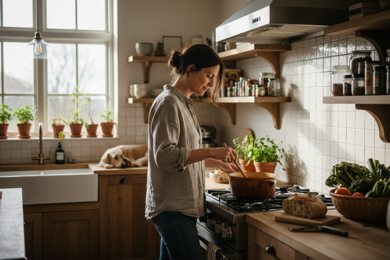 just give me a lifestyle picture of someone cooking in his kitchen